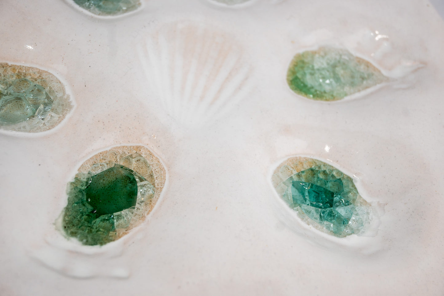 Ceramic Glazed White Oyster Platter with Sea Glass (6) half dozen