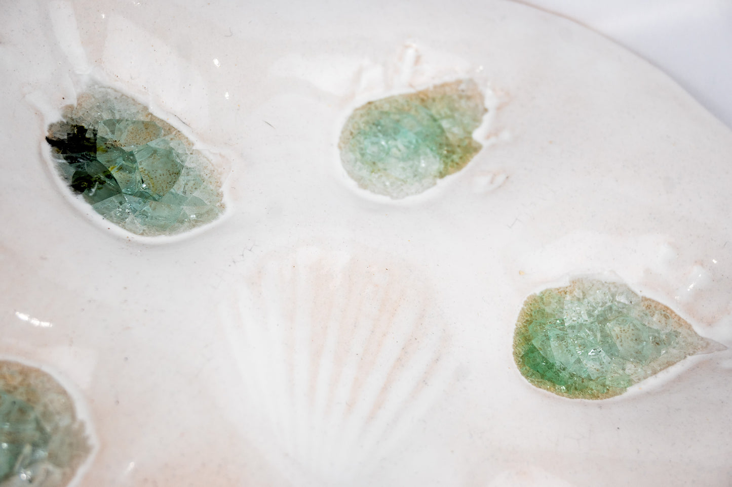 Ceramic Glazed White Oyster Platter with Sea Glass (6) half dozen
