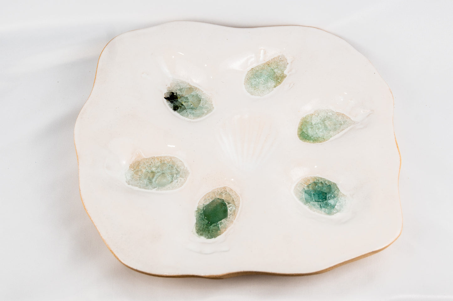 Ceramic Glazed White Oyster Platter with Sea Glass (6) half dozen