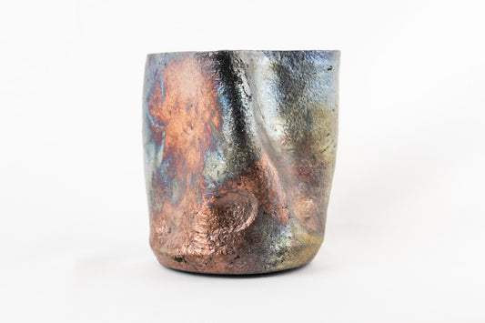 Raku Fired Squished Vase-Oil Slick