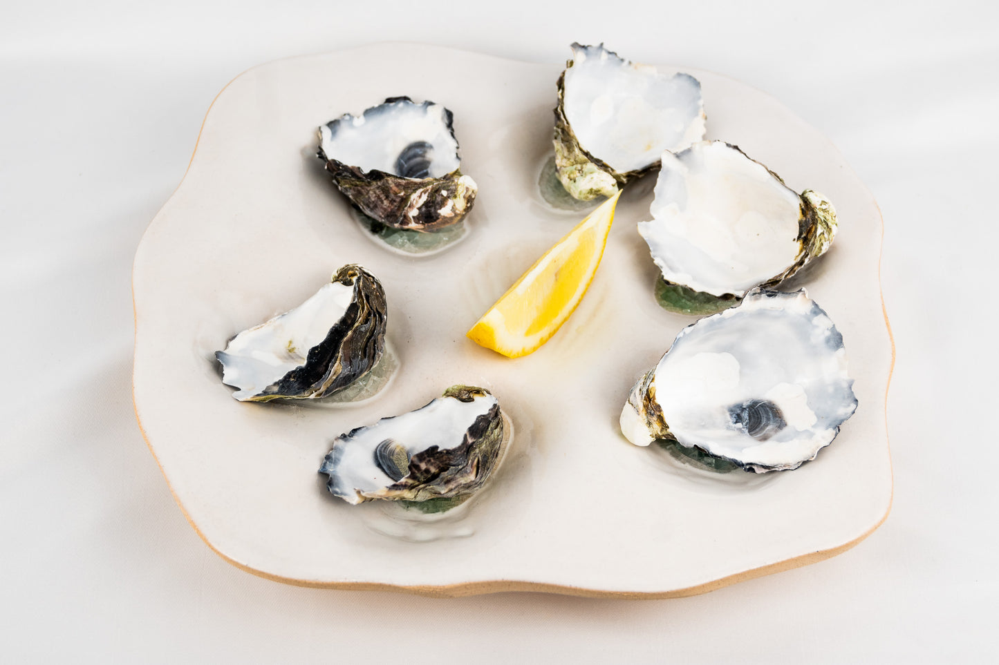 Ceramic Glazed White Oyster Platter with Sea Glass (6) half dozen