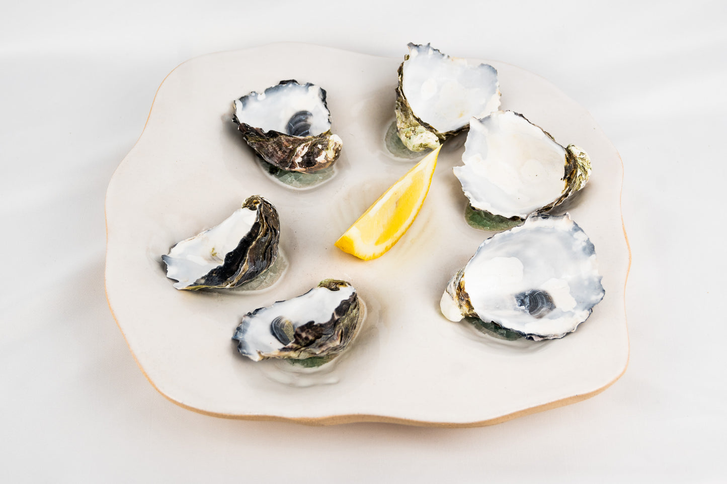 Ceramic Glazed White Oyster Platter with Sea Glass (6) half dozen
