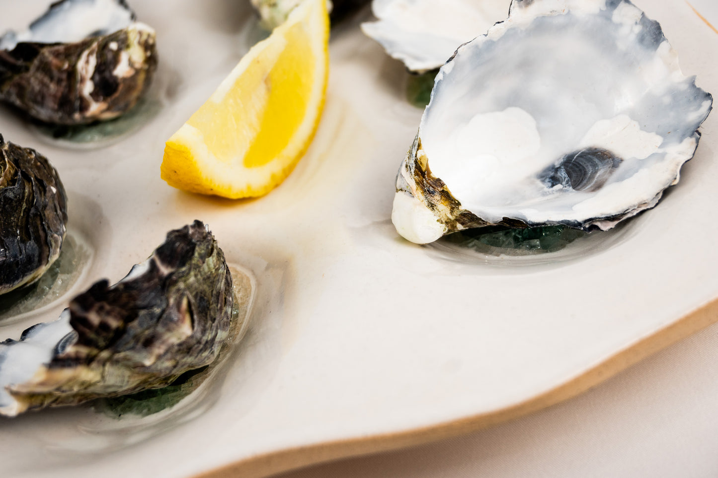 Ceramic Glazed White Oyster Platter with Sea Glass (6) half dozen